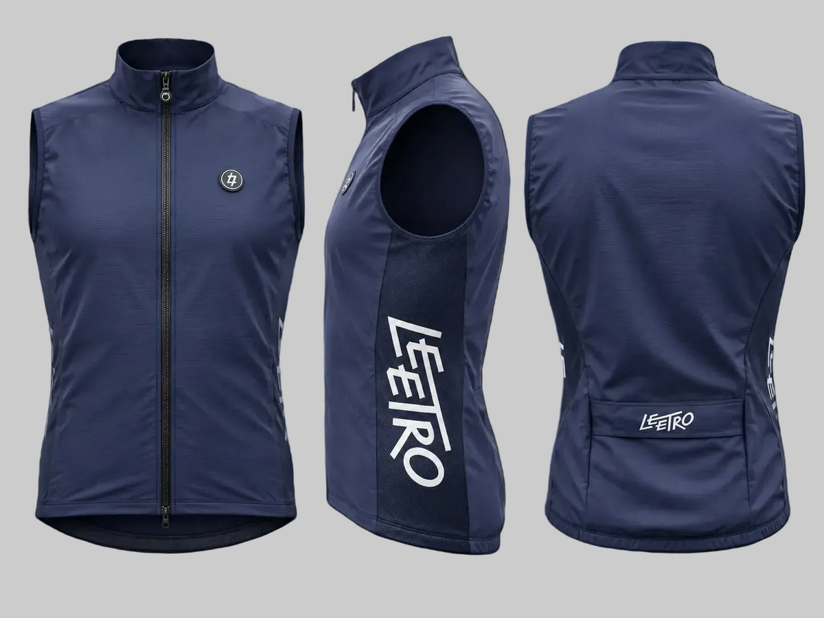 LEETRO Windproof Gilet in navy – front, side and rear views